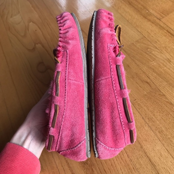 Minnetonka moccasins Cassie slippers suede leather shoes pink youth girls size 2 - Picture 3 of 10